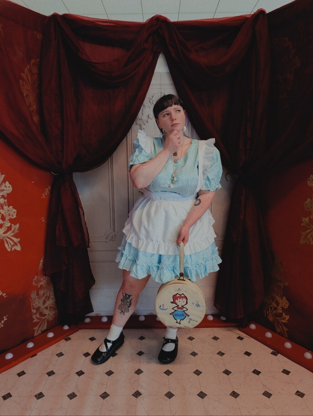 Baby Blue & White Candy Striped Short Sleeve A-line Ruffle Hem Dress